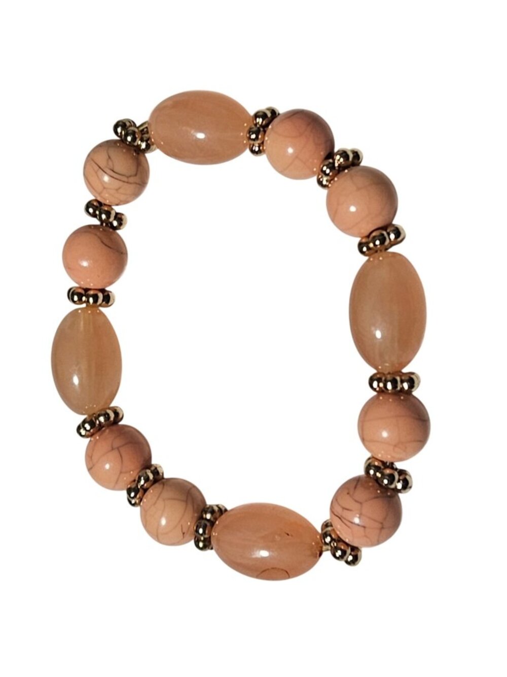 Peach Beaded Stretch Bracelet Gold Tone Spacers Oval Round Beads Boho Neutral